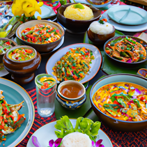 ממרח צבעוני ומעורר תיאבון של מנות תאילנדיות מסורתיות על שולחן ערוך להפליא