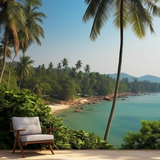נוף פנורמי של חוף תאילנדי יפהפה עם מים צלולים ועצי דקל שופעים