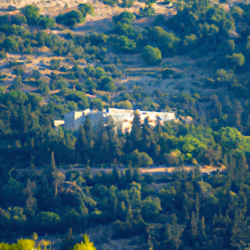 נוף פנורמי של מלון מבודד השוכן בגבעות הירוקות השופעות המקיפות את ירושלים