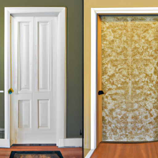 תמונה המציגה השוואה לפני ואחרי של דלת כניסה, התקנת טפט לפני ואחרי.