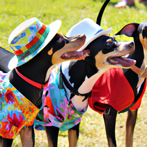 קבוצת כלבים לבושים בתלבושות קיץ צבעוניות, כולל כובעים ובנדנות
